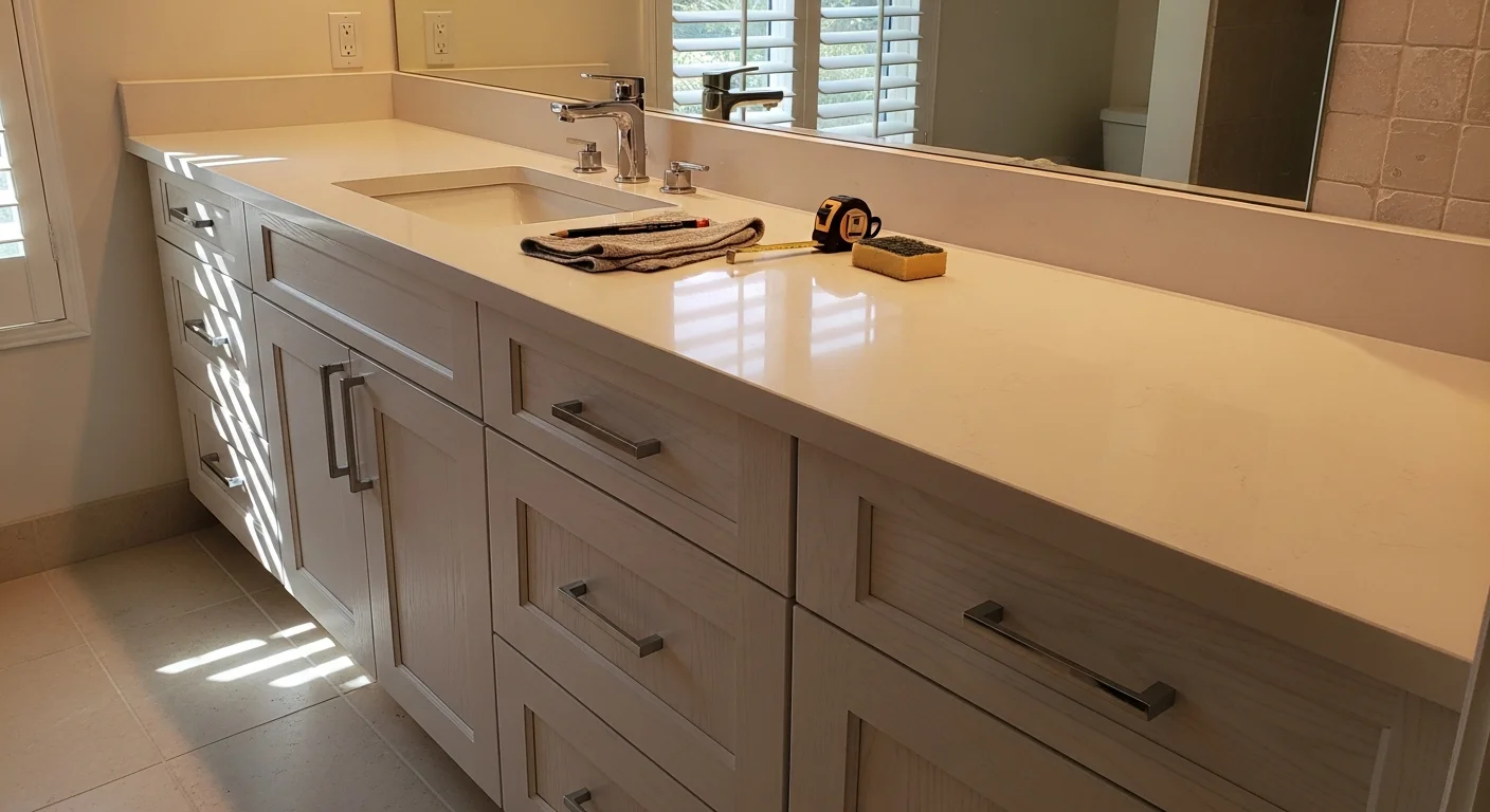 Modern bathroom with custom wooden vanity and updated fixtures