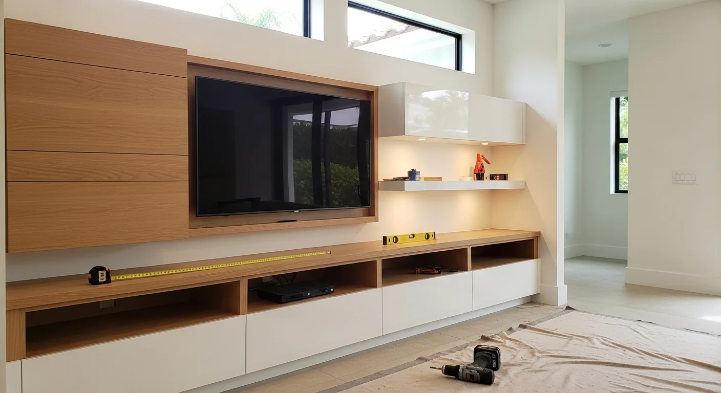 Custom wooden TV wall unit with shelving and storage in a modern living room