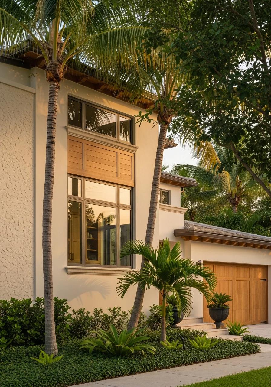 Delray Beach home exterior showing quality finishes and tropical landscaping.