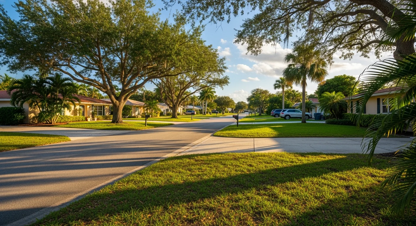 Residential street with palm trees, well-maintained homes, and clear blue sky.
