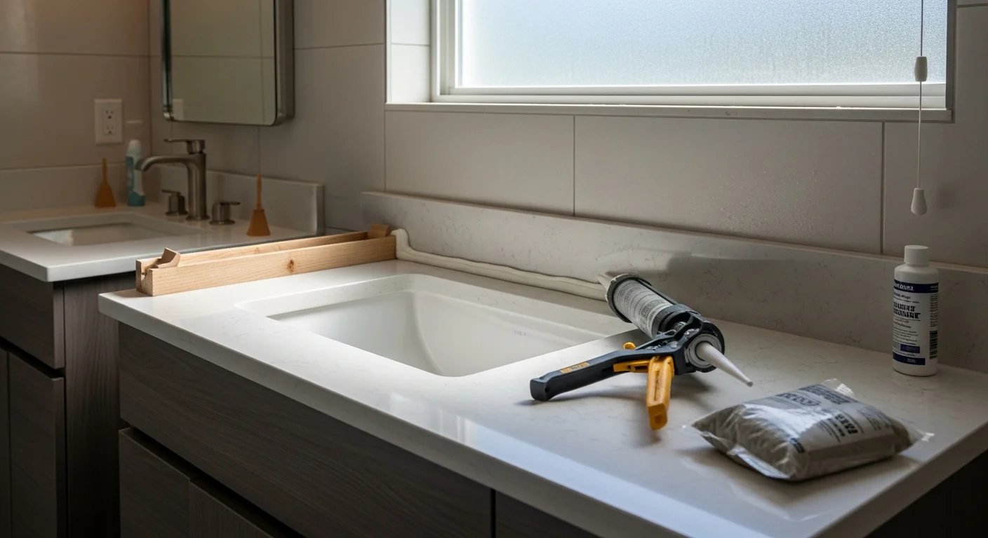 A newly installed bathroom vanity countertop with a clean undermount sink in a West Palm Beach home, showing a smooth surface finish and tight seam against the backsplash. The vanity cabinet below features custom wood cabinetry typical of a South Florida bathroom remodel.