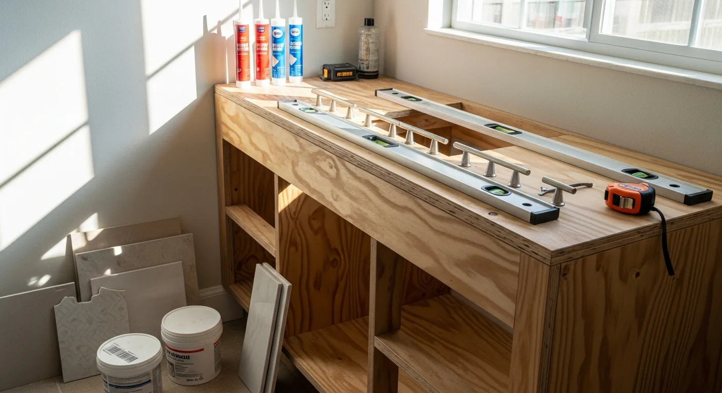 Finished bathroom remodel in a West Palm Beach home featuring custom wood cabinetry, a built-in vanity, and tile work designed for South Florida's humid coastal climate.