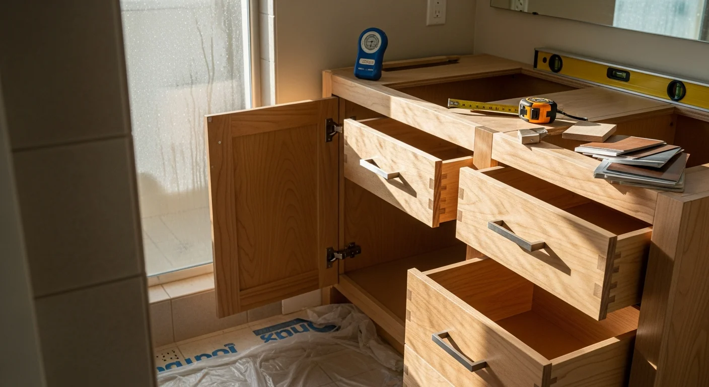 Custom wood bathroom vanity cabinet with built-in shelving installed in a West Palm Beach home bathroom, featuring moisture-resistant finish and floor-to-ceiling storage. The cabinetry fits flush against the wall with clean lines and organized interior drawers suited for South Florida's humid climate.