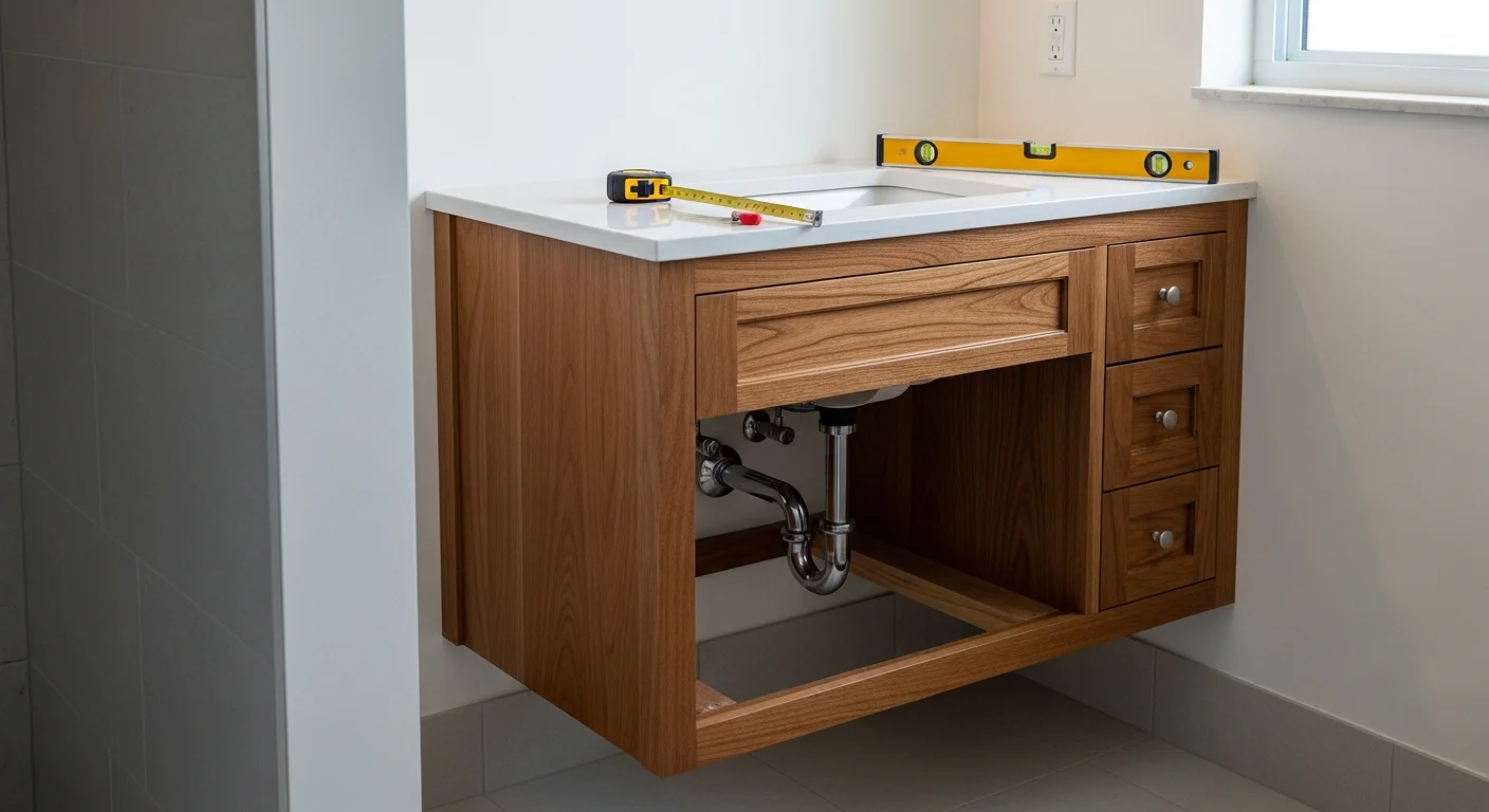 A custom wood bathroom vanity installed in a West Palm Beach home, showing fitted cabinet doors, a built-in sink cutout, and a finish matched to the surrounding trim. The vanity sits flush against the wall with no visible gaps at the floor or sides.