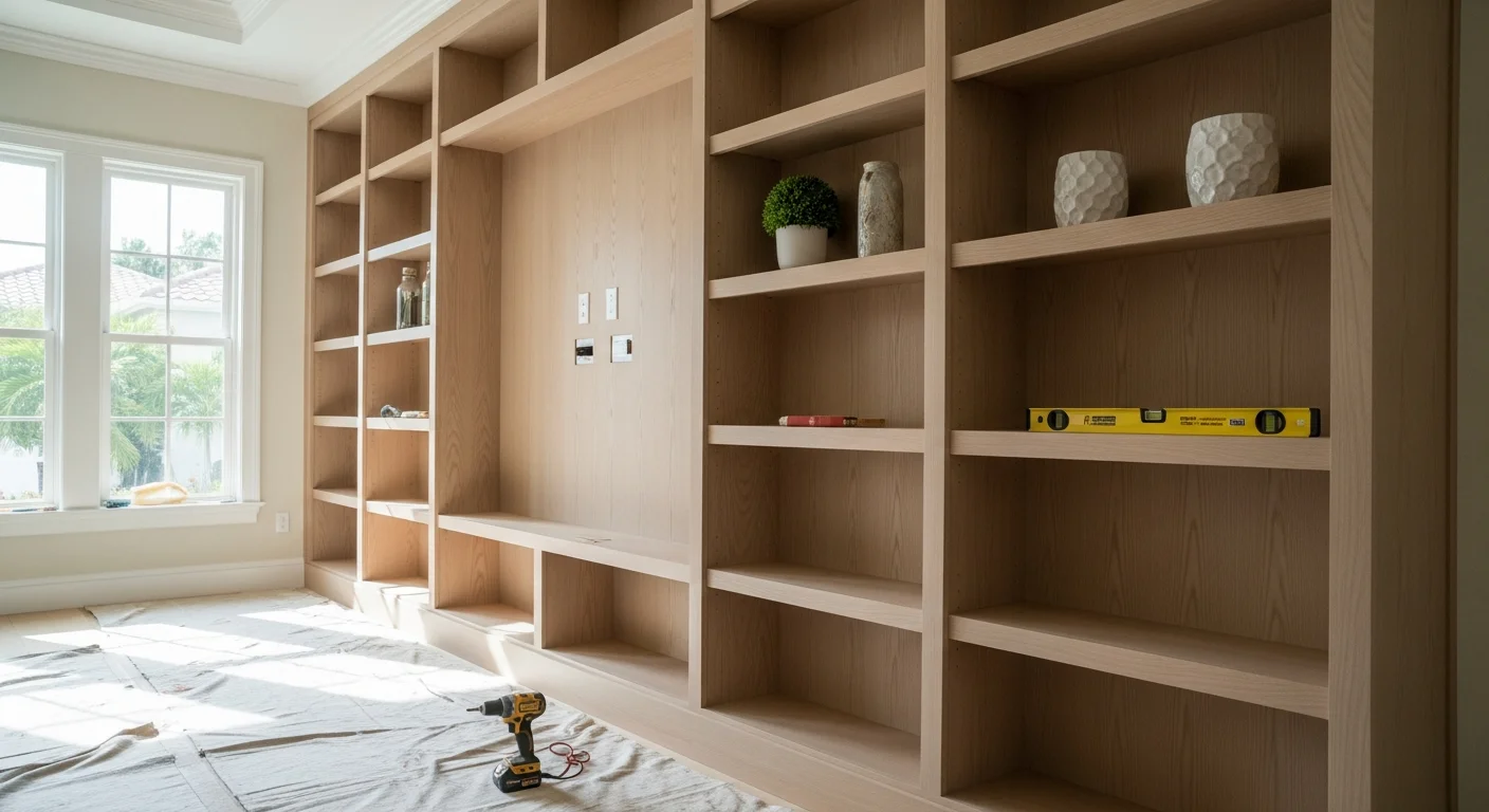 Custom built-in wood shelving unit installed floor-to-ceiling along a living room wall in a West Palm Beach home. The shelving features open display sections and closed lower cabinets with a finish matched to the room's existing trim.
