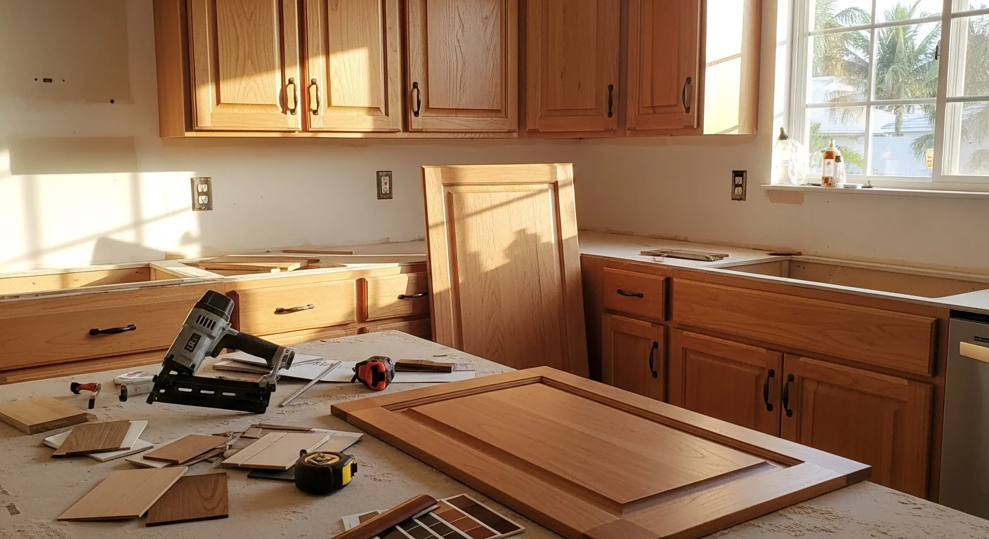Freshly refaced kitchen cabinets in a West Palm Beach home showing new white shaker-style doors, updated drawer fronts, and brushed nickel hardware on intact cabinet frames. The kitchen features an open layout with natural light common in South Florida residential interiors.