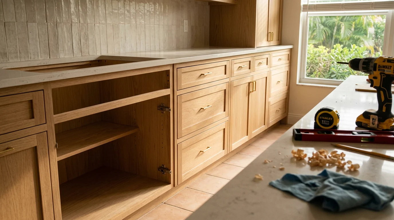 Custom wood kitchen cabinets installed in a West Palm Beach home, showing floor-to-ceiling cabinetry with a clean finish suited to a South Florida coastal interior.