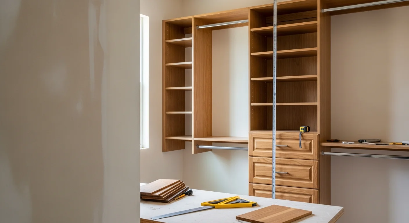 A finished custom wood walk-in closet organization system installed in a West Palm Beach home, showing built-in hanging sections, drawer cabinetry, and adjustable wood shelving along three walls.