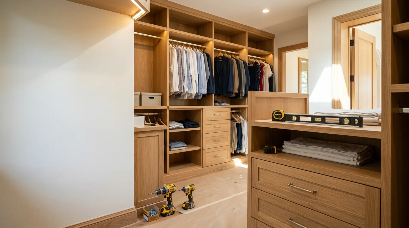 Custom wood walk-in closet with built-in shelving, hanging rods, and drawer cabinetry installed in a West Palm Beach home. The finished closet shows organized wardrobe storage with wood construction suited to South Florida's climate.