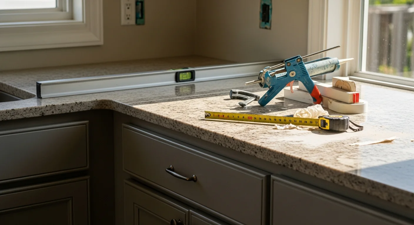 Newly installed kitchen countertop fitted to custom wood cabinetry in a West Palm Beach home. The surface runs flush from the perimeter walls to a center island with clean edge profiles throughout.