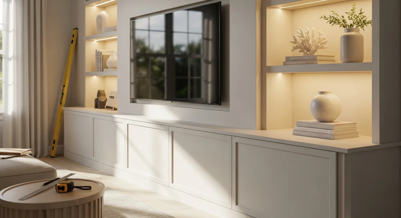 A floor-to-ceiling custom wood TV wall unit installed in a West Palm Beach living room, featuring closed lower cabinets, open display shelving, and a centered TV mount with no visible cords. The unit spans the full wall width and uses a warm wood finish consistent with the room's coastal-transitional interior.