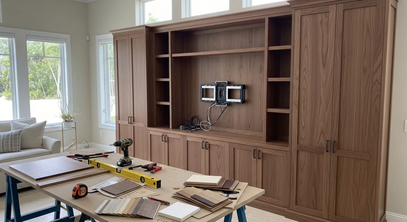 A floor-to-ceiling custom wood built-in entertainment center installed in a West Palm Beach living room, featuring open display shelving, closed lower cabinets, and a centered TV mounting panel. The unit spans the full wall width with a warm wood finish that matches the room's existing trim.