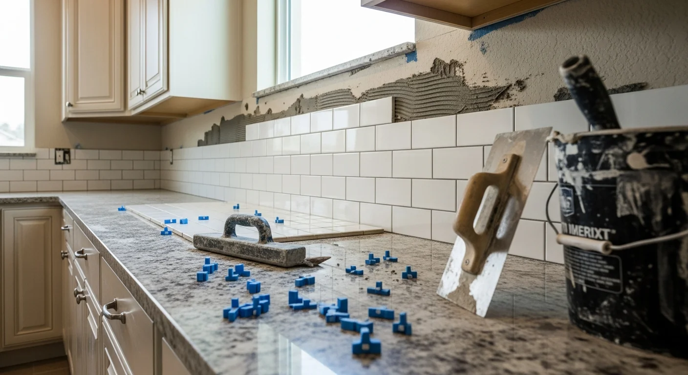 Freshly installed kitchen backsplash tile behind a range in a West Palm Beach home, showing clean grout lines and cabinetry on both sides. The tile layout runs from countertop to upper cabinet in a coastal-style kitchen with wood cabinetry.