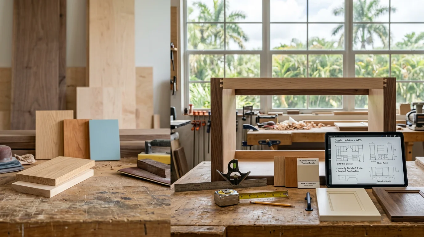 Custom wood kitchen cabinets with a transitional shaker-style design installed in a West Palm Beach home. The layout features floor-to-ceiling upper cabinets and a large island with contrasting lower cabinet finish.