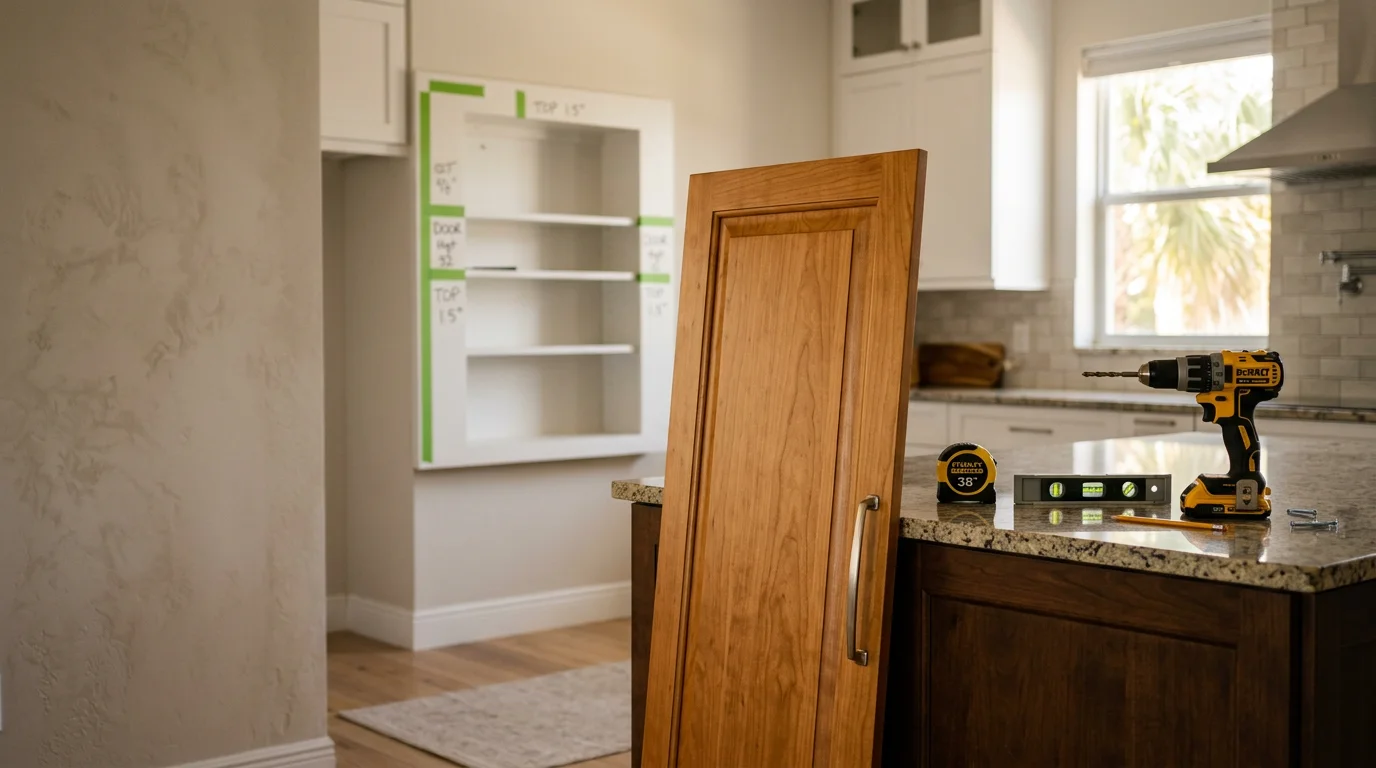 Newly installed custom wood kitchen cabinet doors on white cabinet boxes in a West Palm Beach home kitchen. Close-up shows clean door edges and updated drawer fronts with a coastal-style finish.