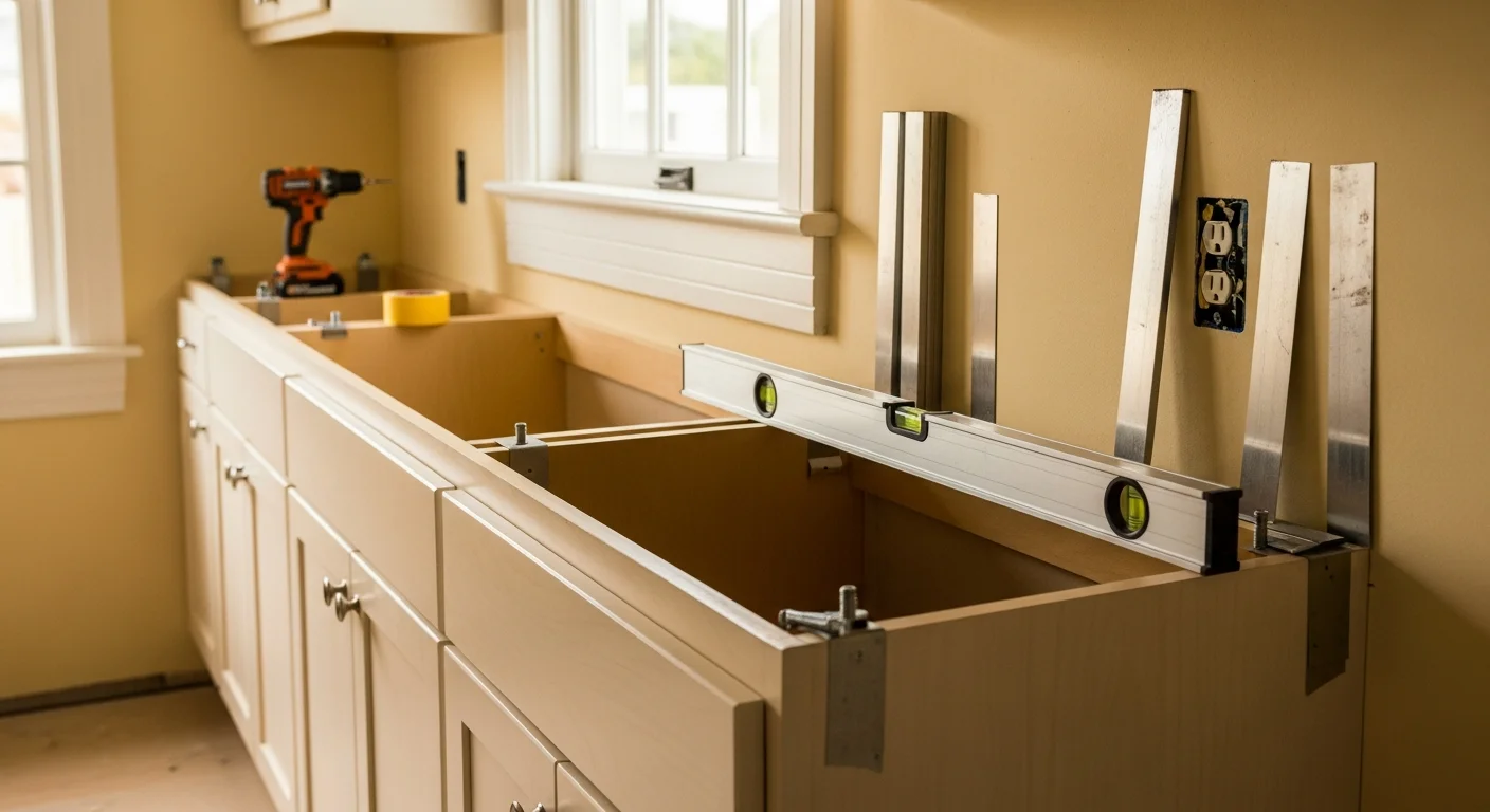 Newly installed custom wood kitchen cabinets in a South Florida home, showing level upper and lower cabinet runs with fitted panels along a painted interior wall.