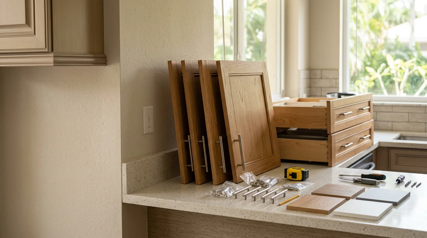 Refaced kitchen cabinets in a West Palm Beach home showing new flat-panel doors, updated hardware, and matching veneer on the cabinet boxes. The countertops and flooring are undisturbed, with the original kitchen layout fully intact.