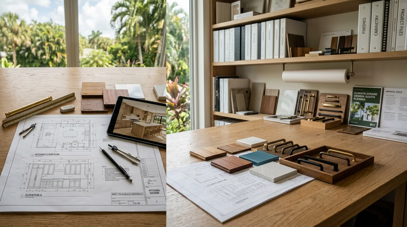 A custom wood kitchen design in a West Palm Beach home featuring floor-to-ceiling cabinetry built to the room's exact dimensions. The layout shows a clear workflow path from prep area to cooking surface, with finishes suited to the South Florida coastal climate.