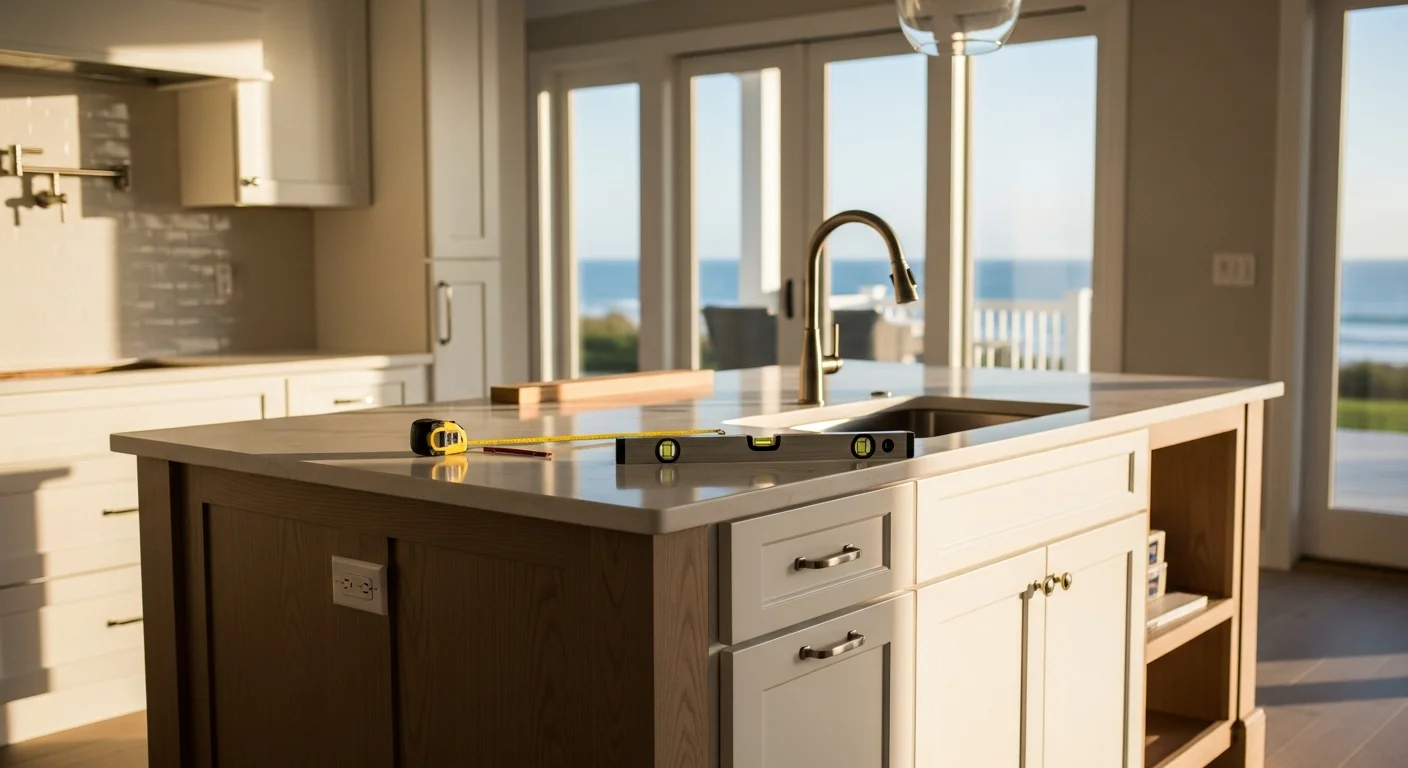 Custom wood kitchen island with built-in cabinetry and seating overhang installed in a West Palm Beach home kitchen. The island features matched cabinet doors and a clear countertop workspace with open sightlines to the living area.
