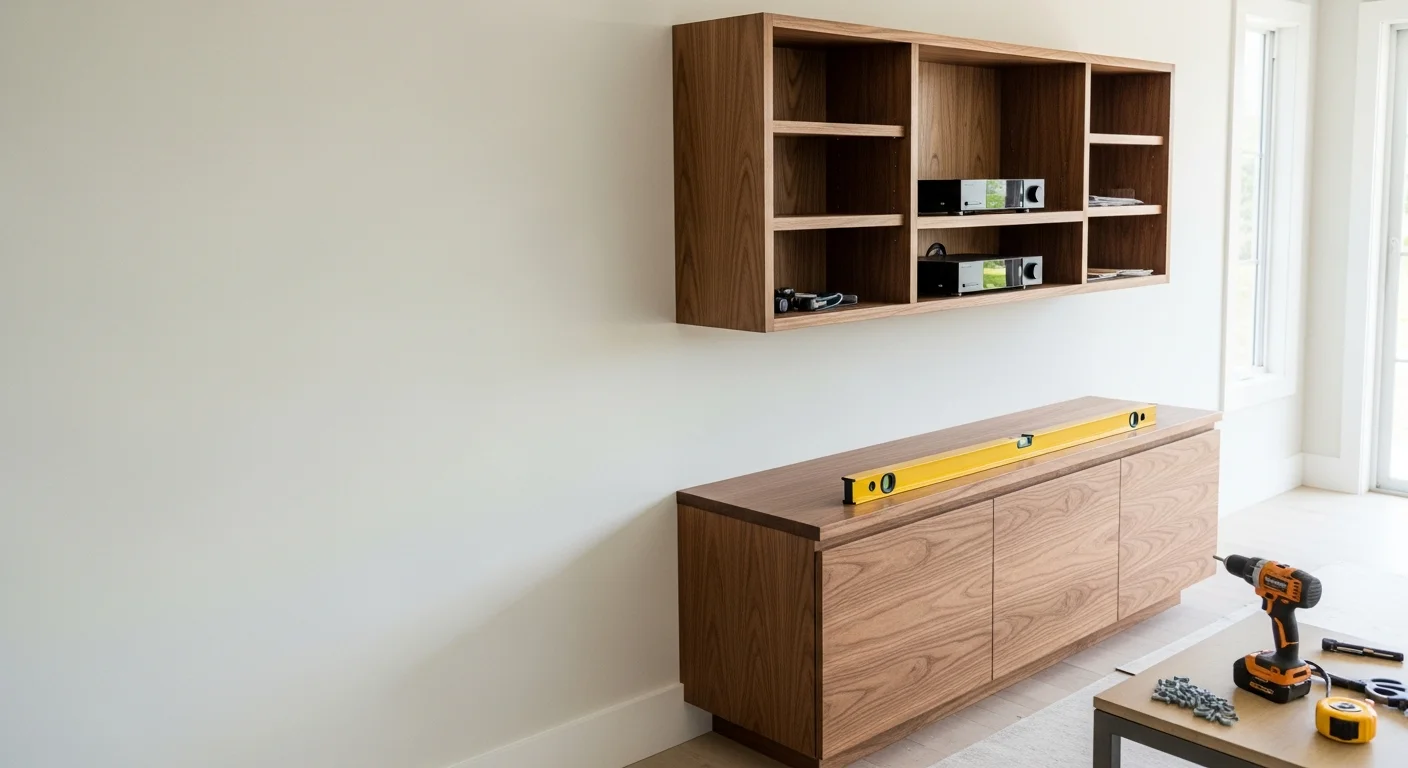 A custom wood built-in media console installed in a West Palm Beach living room, with flush cabinetry, hidden cable routing, and a wall-mounted television centered above the unit.