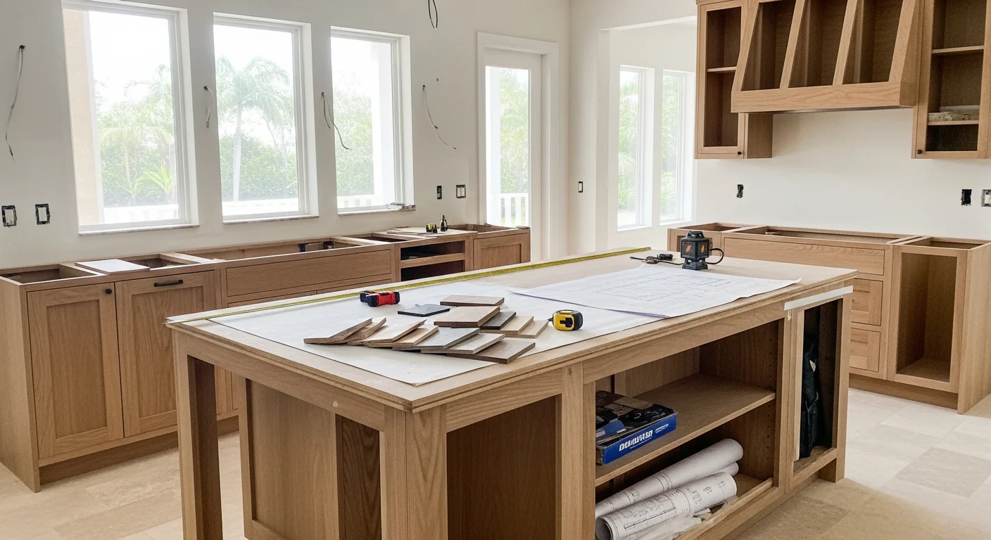 Open concept kitchen in a West Palm Beach home featuring custom wood cabinetry, a large center island, and an unobstructed view into the adjacent living and dining area. Natural light fills the combined space through wide windows, with handcrafted cabinet doors and drawers built to fit the reconfigured layout.